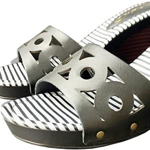 LIA Footwear- Deana Striped Black Wedge With Interchangeable Strap